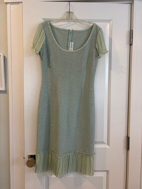 St. John Evening Light Green Sparkle Pleated Hem Dress